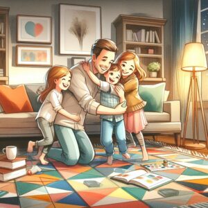 Illustrazione che simboleggia I risultati della Coordinazione Genitoriale: due genitori collaborativi in un ambiente familiare sereno, evidenziando impegno e sostegno per il benessere dei figli.