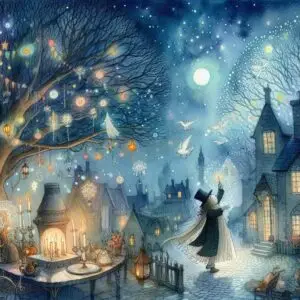 Atmosfera fiabesca con un tavolo illuminato da candele, sullo sfondo un villaggio incantato e un personaggio in cammino, ispirato a Bubu, parole e ironia.