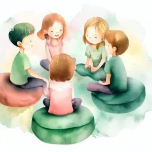 Un gruppo di bambini seduti in cerchio su cuscini colorati, in un ambiente accogliente e sicuro, che rappresentano i Gruppi di Parola per Figli di Genitori Separati.