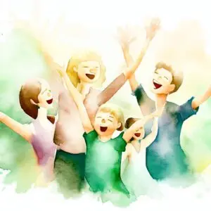 Gruppo di persone che esultano alzando le braccia in alto, simbolo di armonia e successo nella mediazione in famiglia.